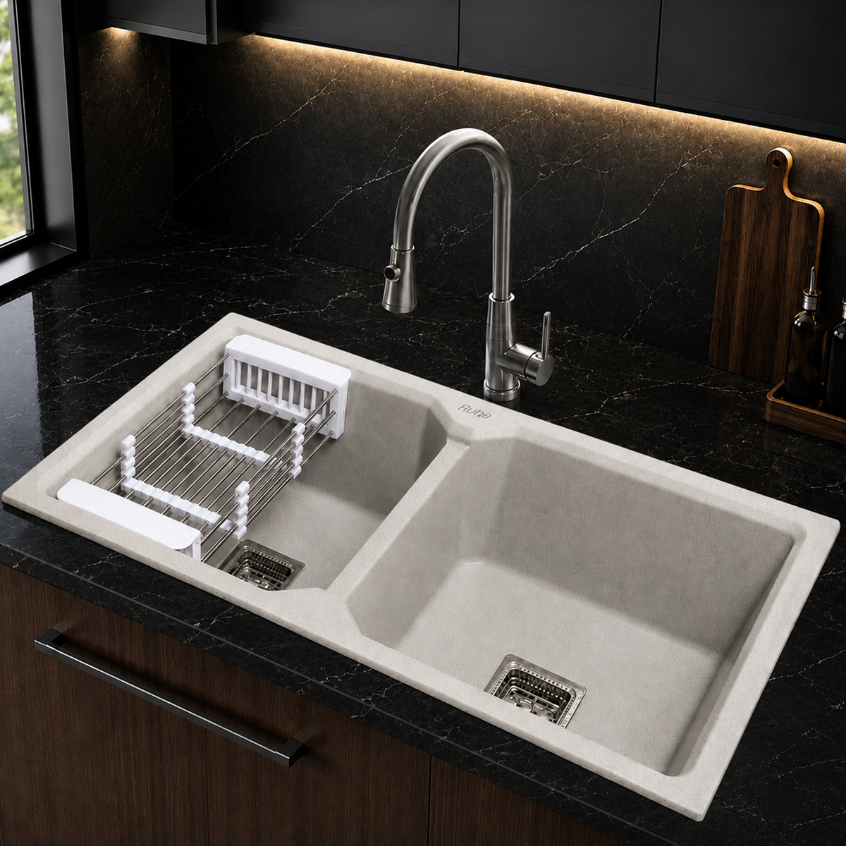 Quartz Double Bowl Kitchen Sink Grey Stone (45 x 20 x 9 inches)