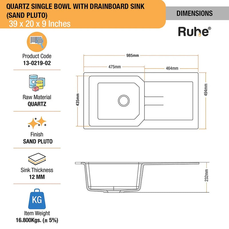 Sand Pluto Quartz Single Bowl with Drainboard Kitchen Sink (39 x 20 x 9 inches)