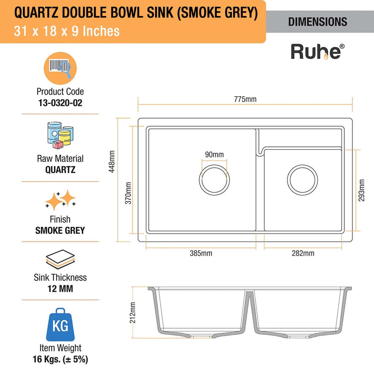 Smoke Grey Quartz Double Bowl Kitchen Sink (31 x 18 x 9 inches) - by Ruhe