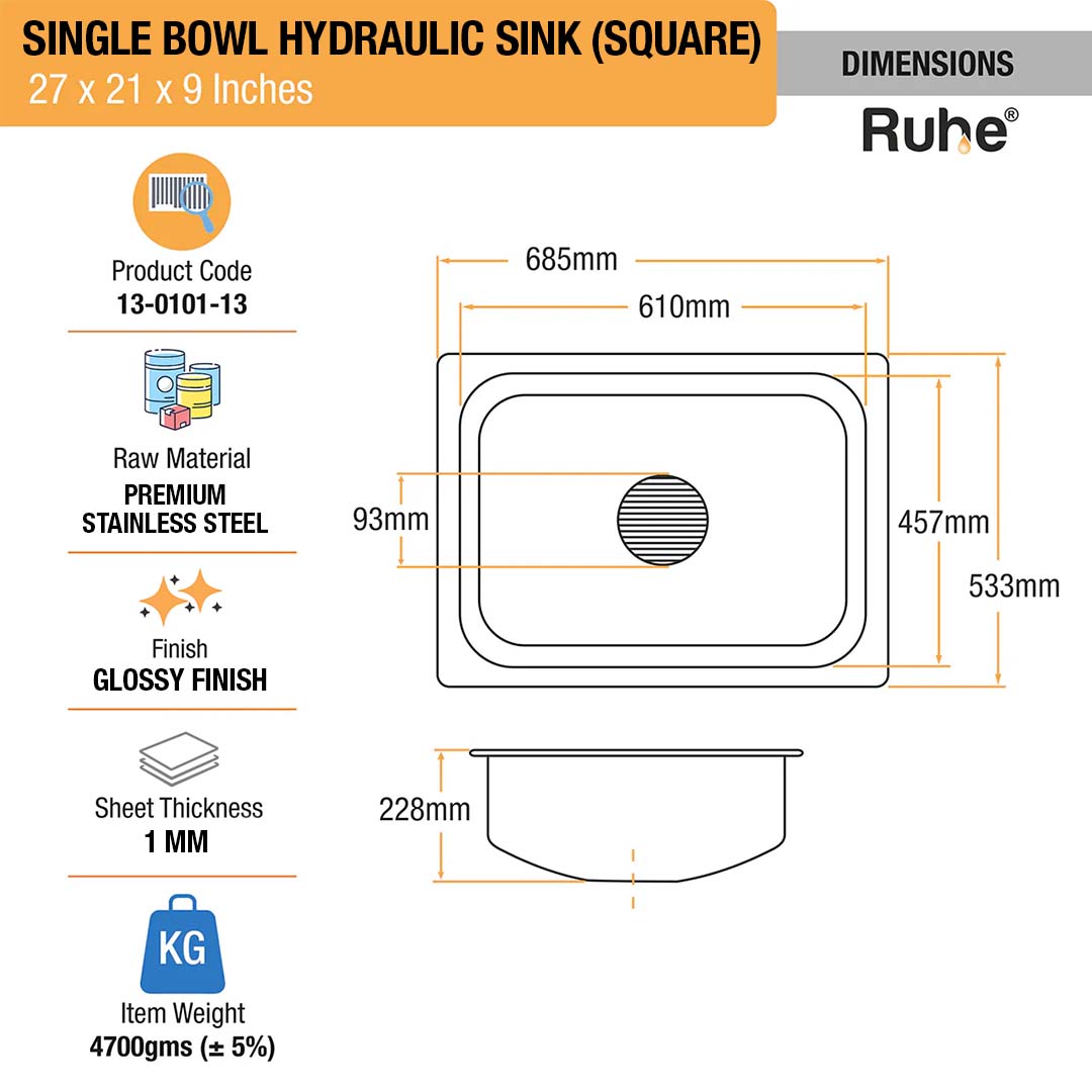 Square Single Bowl Kitchen Sink (27 x 21 x 9 inches)– by Ruhe