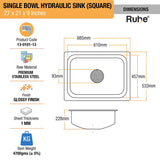 Square Single Bowl Kitchen Sink (27 x 21 x 9 inches)– by Ruhe