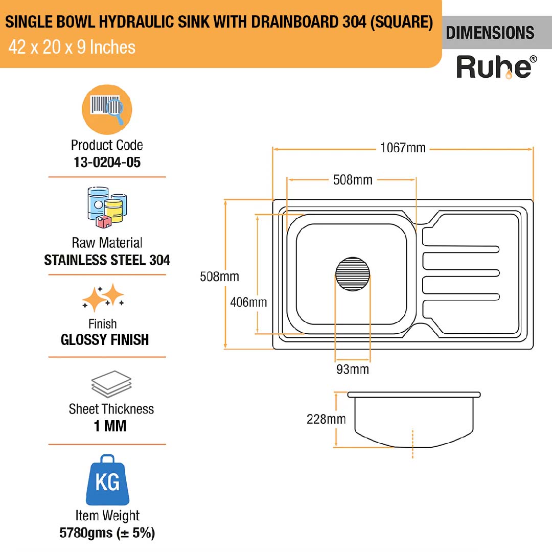 Square Single Bowl with Drainboard 304-grade (42 x 20 x 9 inches) Kitchen Sink - by Ruhe