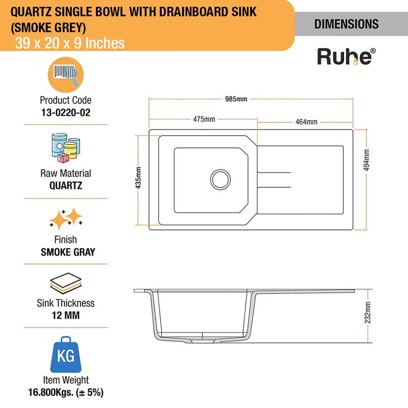 Smoke Grey Quartz Single Bowl with Drainboard Kitchen Sink (39 x 20 x 9 inches)