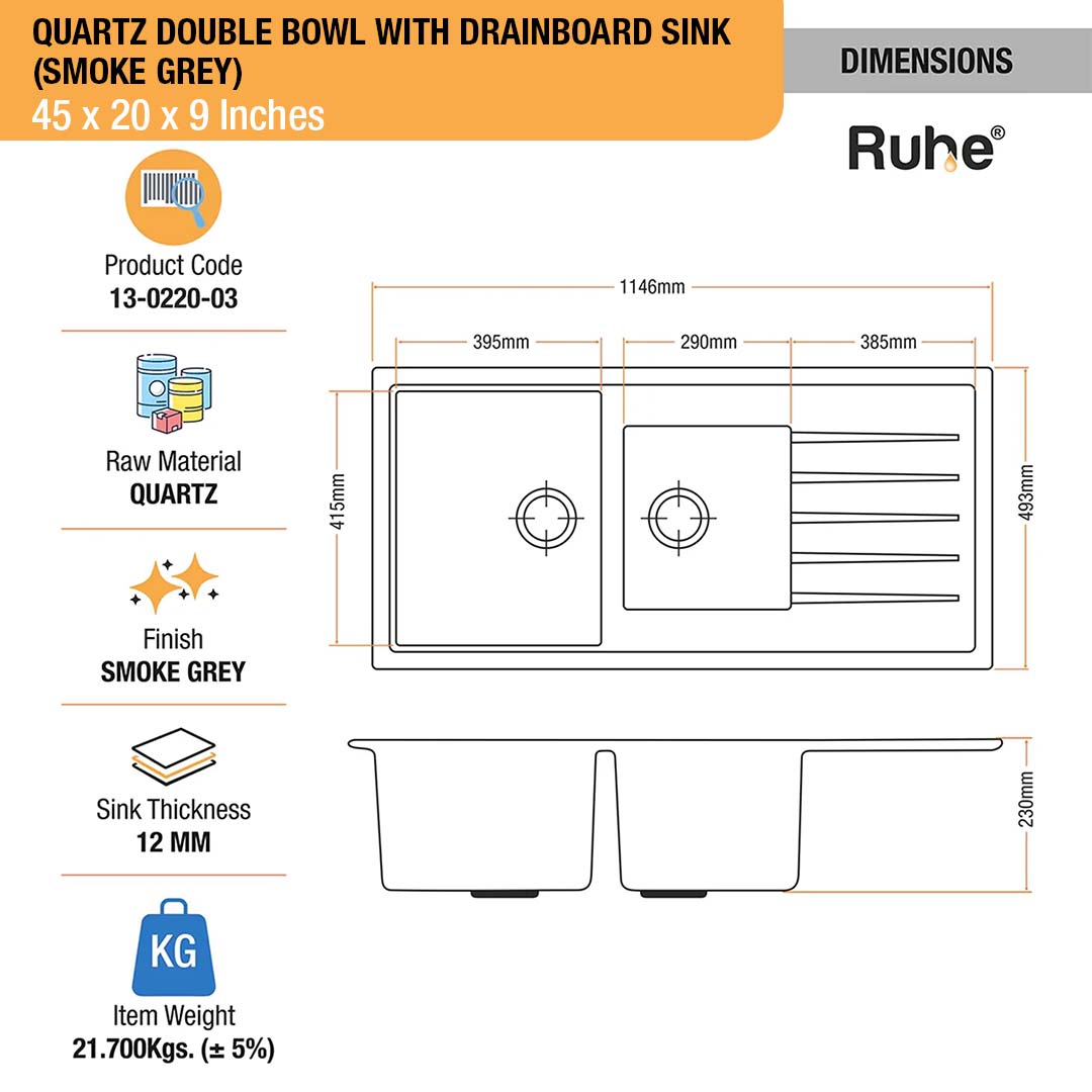 Smoke Grey Quartz Double Bowl with Drainboard  Kitchen Sink (45 x 20 x 9 inches) - by Ruhe