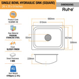 Square Single Bowl Kitchen Sink (26 x 20 x 9 inches) – by Ruhe