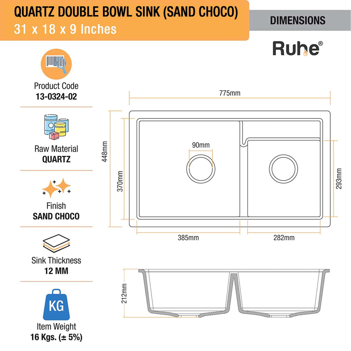 Sand Choco Quartz Double Bowl Kitchen Sink (31 x 18 x 9 inches) - by Ruhe