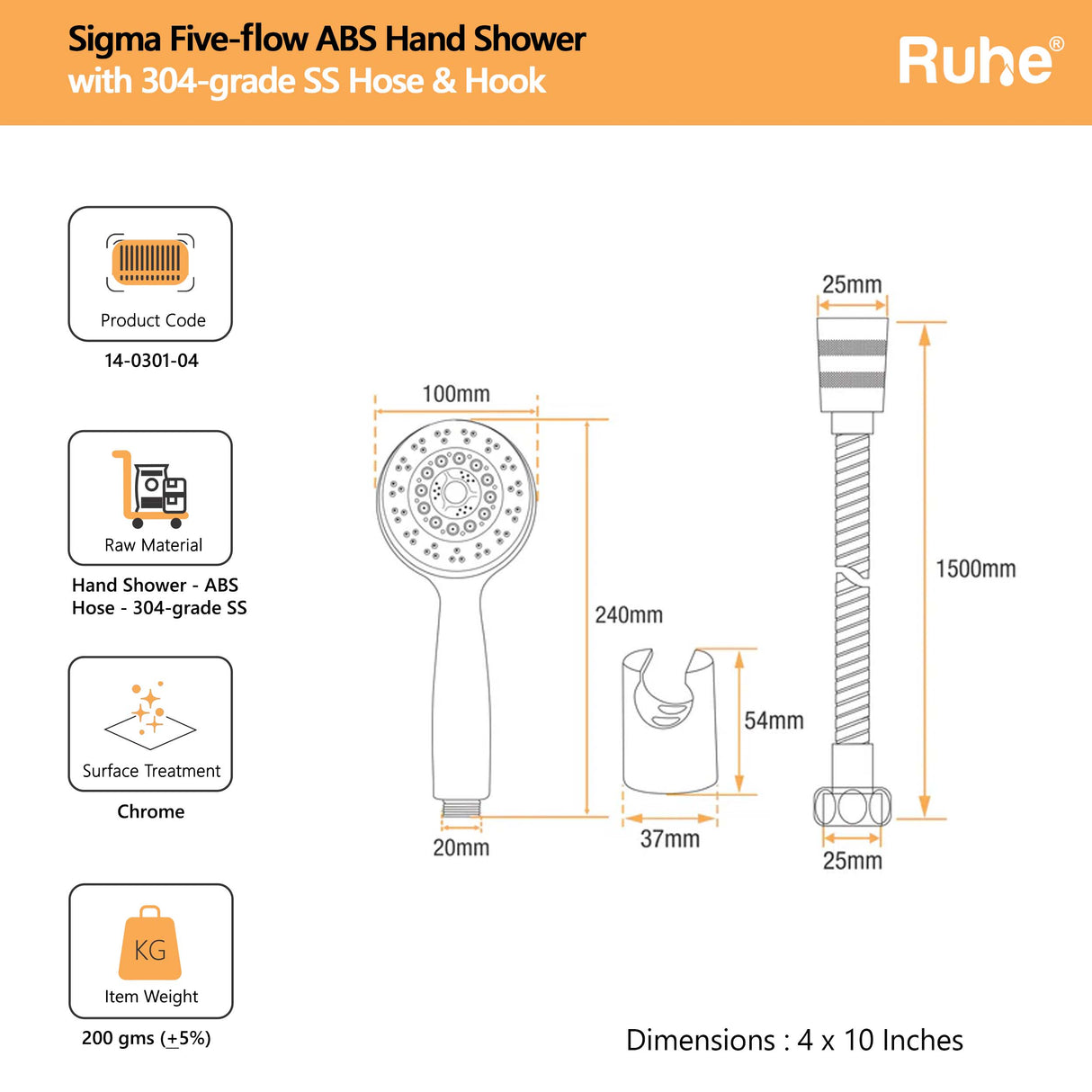 Sigma Multiflow Hand Shower with 304-grade SS Hose & Hook