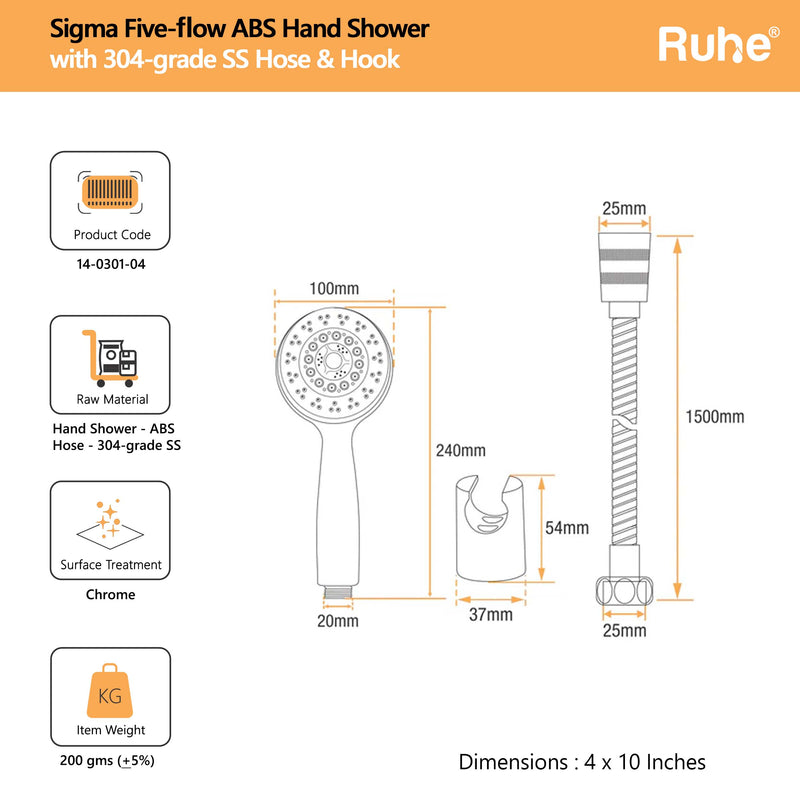Sigma Multiflow Hand Shower with 304-grade SS Hose & Hook