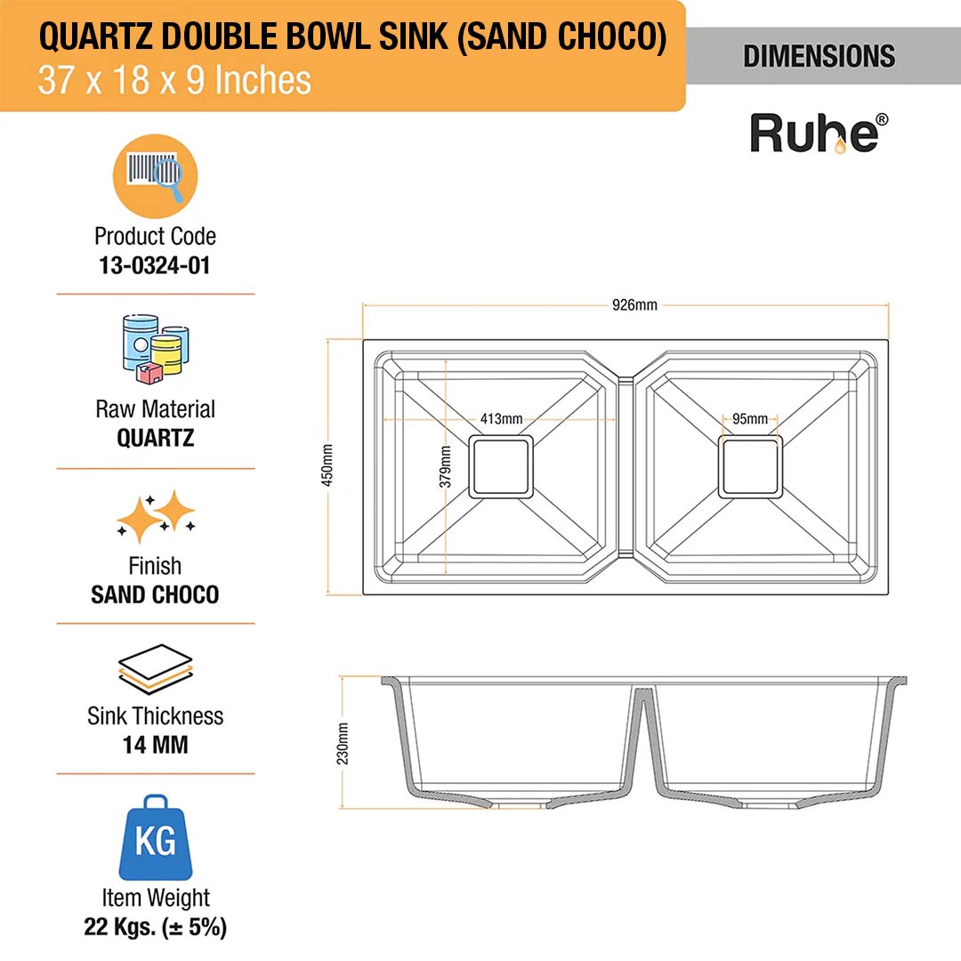 Sand Choco Quartz Double Bowl Kitchen Sink (37 x 18 x 9 inches) - by Ruhe