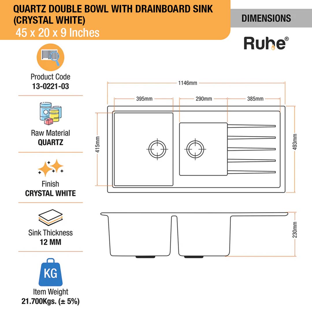 Crystal White Quartz Double Bowl with Drainboard  Kitchen Sink (45 x 20 x 9 inches) - by Ruhe