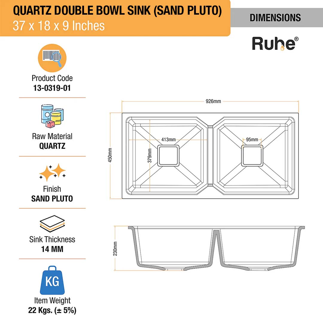 Sand Pluto Quartz Double Bowl Kitchen Sink (37 x 18 x 9 inches) - by Ruhe