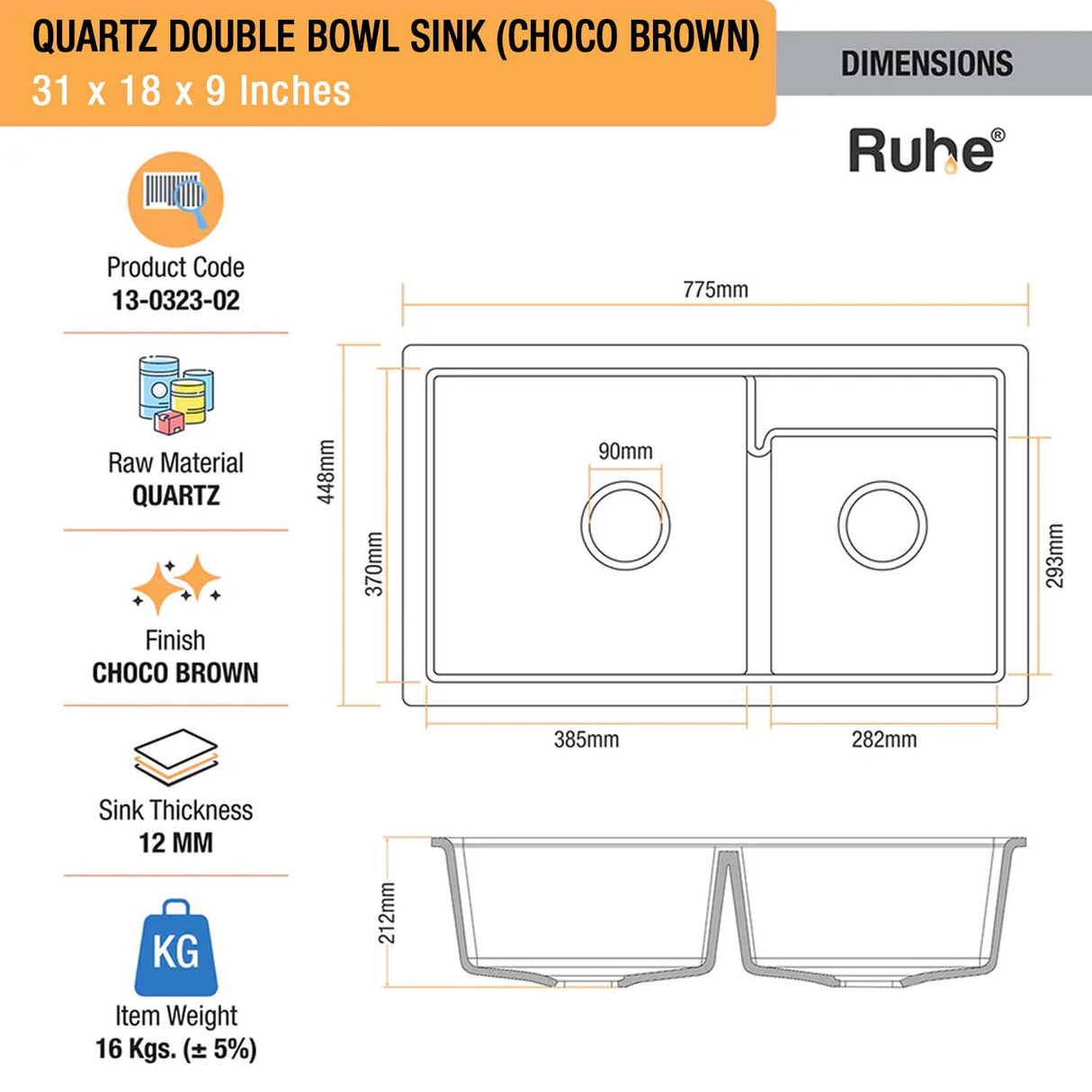 Choco Brown Quartz Double Bowl Kitchen Sink (31 x 18 x 9 inches) - by Ruhe