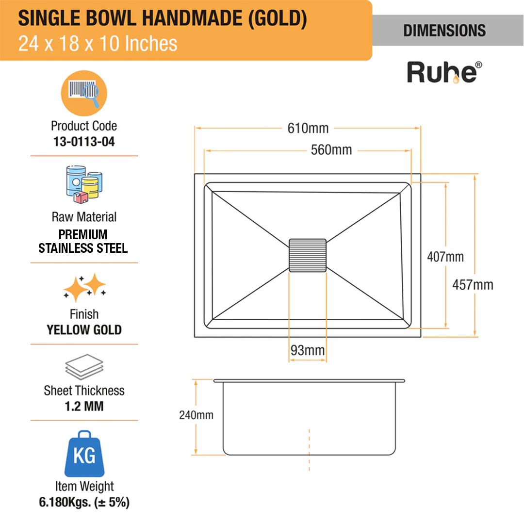 Yellow Gold Handmade Single Bowl Kitchen Sink  (24 x 18 x 10 Inches) – by Ruhe