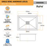 Yellow Gold Handmade Single Bowl Kitchen Sink  (24 x 18 x 10 Inches) – by Ruhe