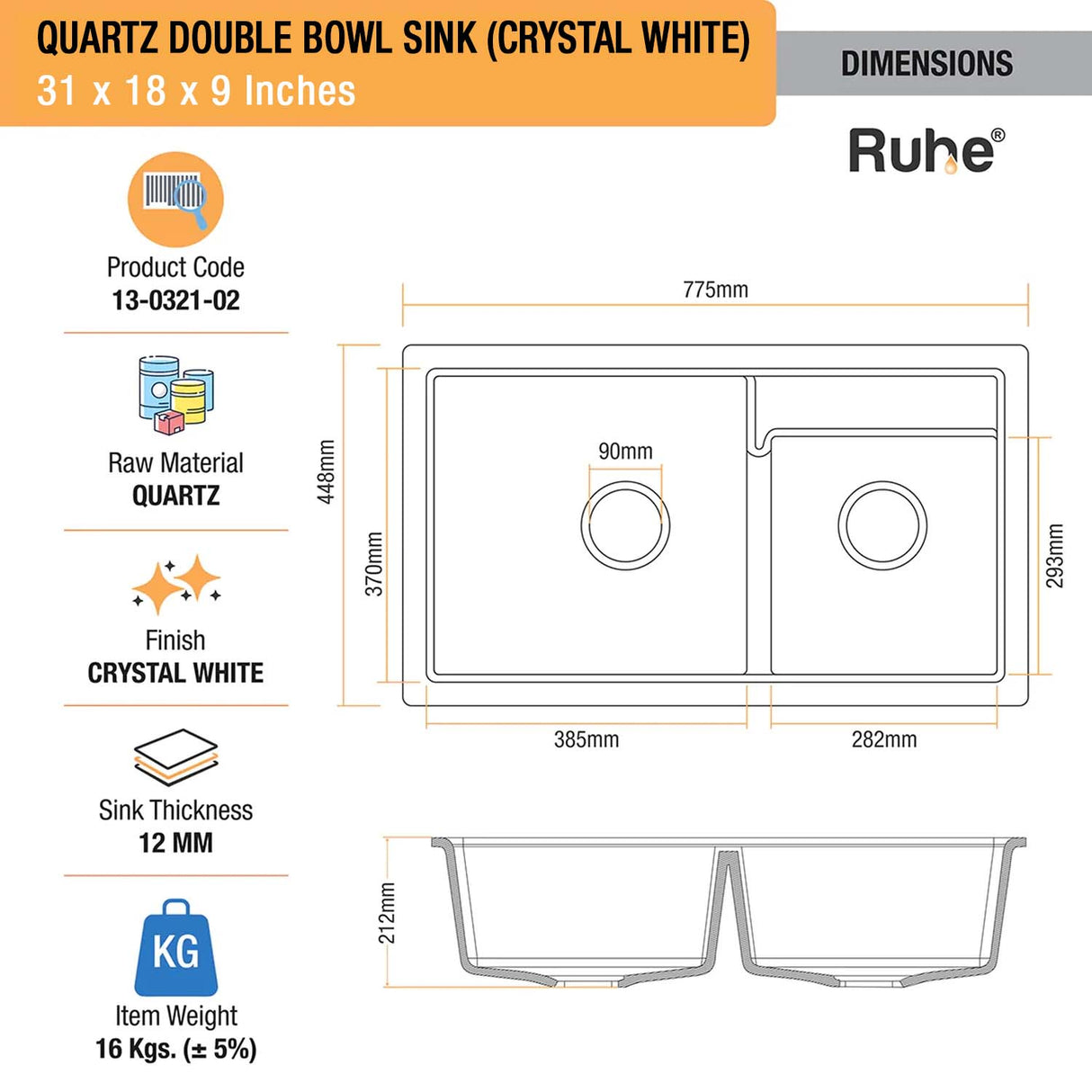 Crystal White Quartz Double Bowl Kitchen Sink (31 x 18 x 9 inches) - by Ruhe