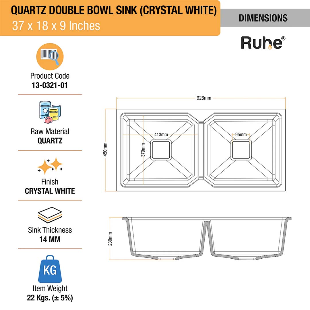 Crystal White Quartz Double Bowl Kitchen Sink (37 x 18 x 9 inches) - by Ruhe