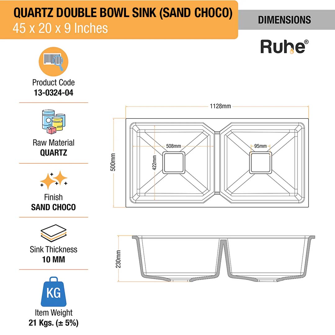 Sand Choco Quartz Double Bowl Kitchen Sink (45 x 20 x 9 inches) - by Ruhe