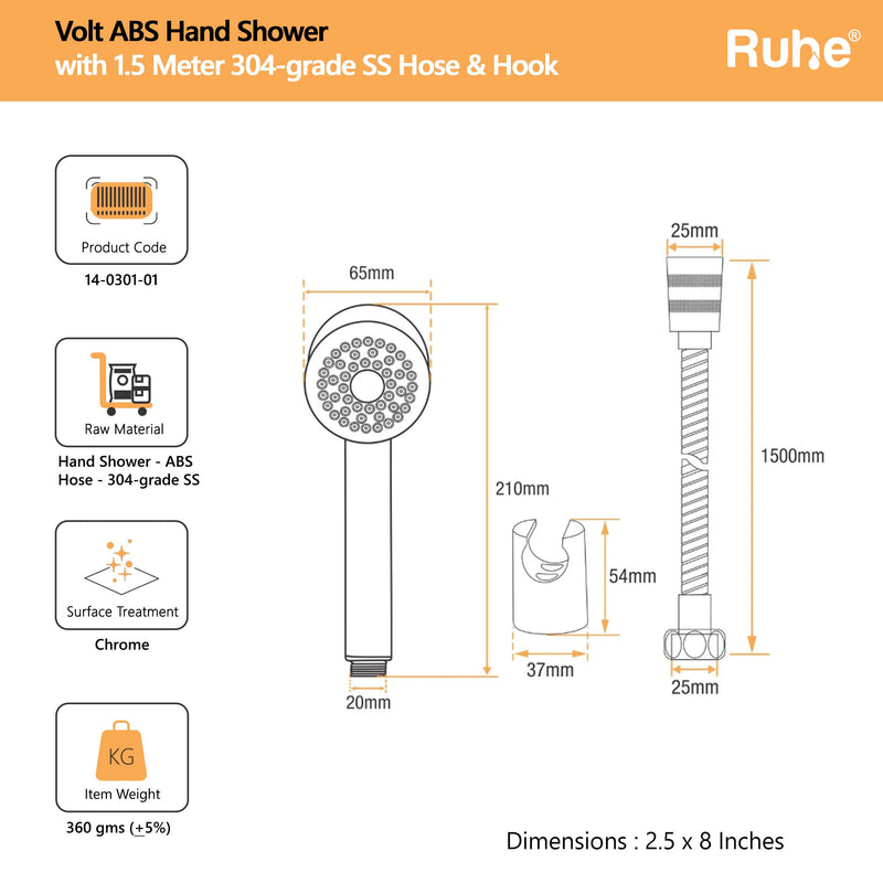 Volt Hand Shower with 304-grade SS Hose & Hook