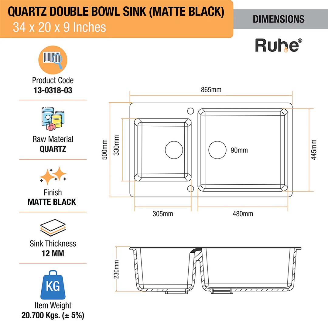 Matte Black Quartz Double Bowl Kitchen Sink (34 x 20 x 9 inches) - by Ruhe