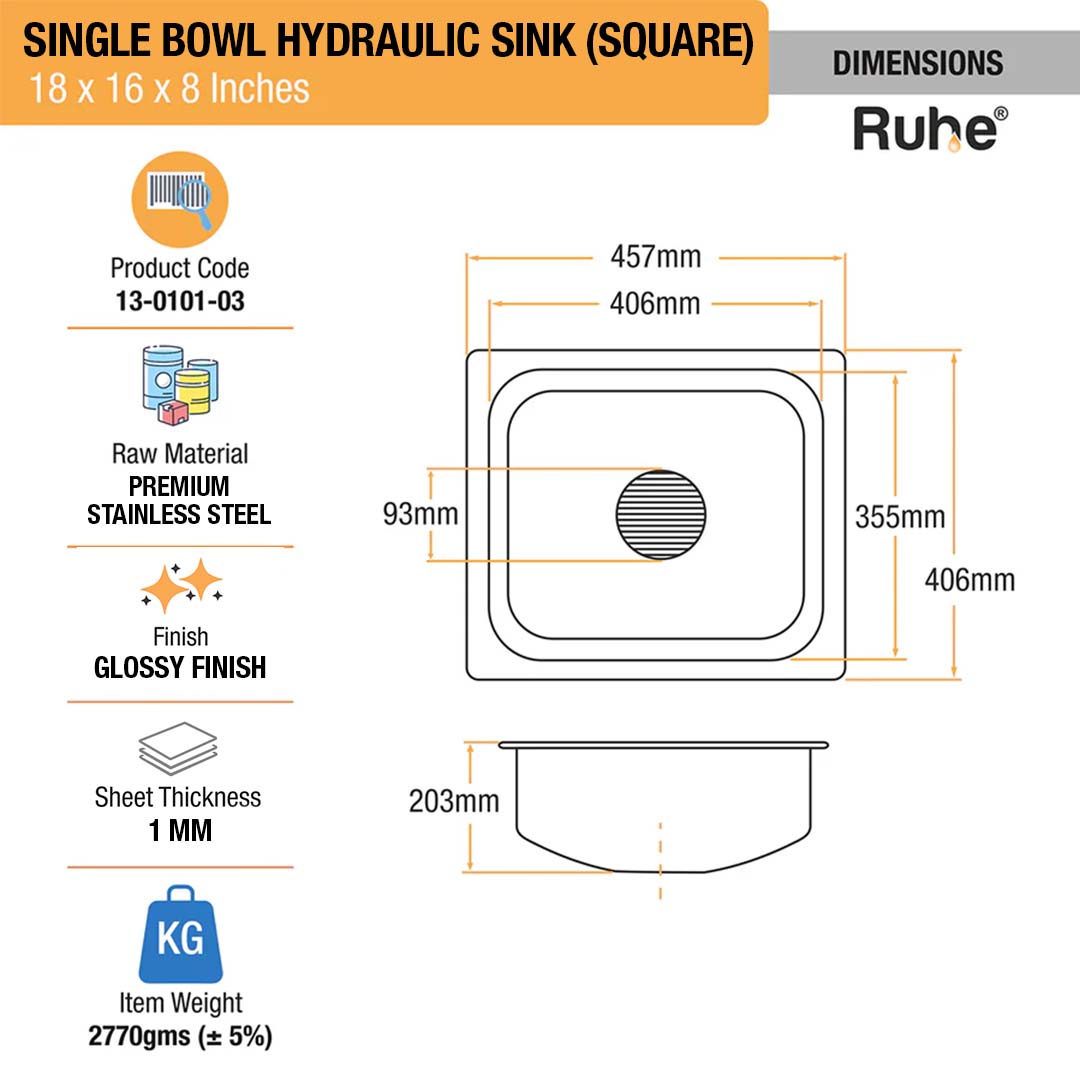 Square Single Bowl Kitchen Sink (18 x 16 x 8 inches)– by Ruhe