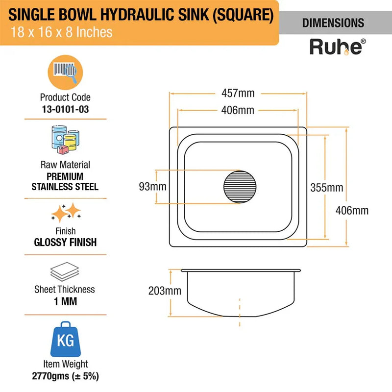 Single Bowl Premium Kitchen Sink (18 x 16 x 8 Inches)