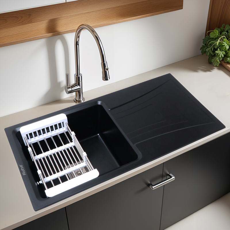 Matte Black Quartz Single Bowl with Drainboard Kitchen Sink (36 x 18 x 9 inches)