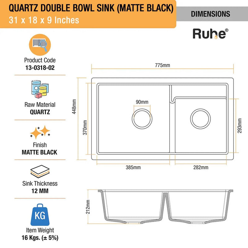 Quartz Double Bowl Kitchen Sink (31 x 18 x 9 Inches)