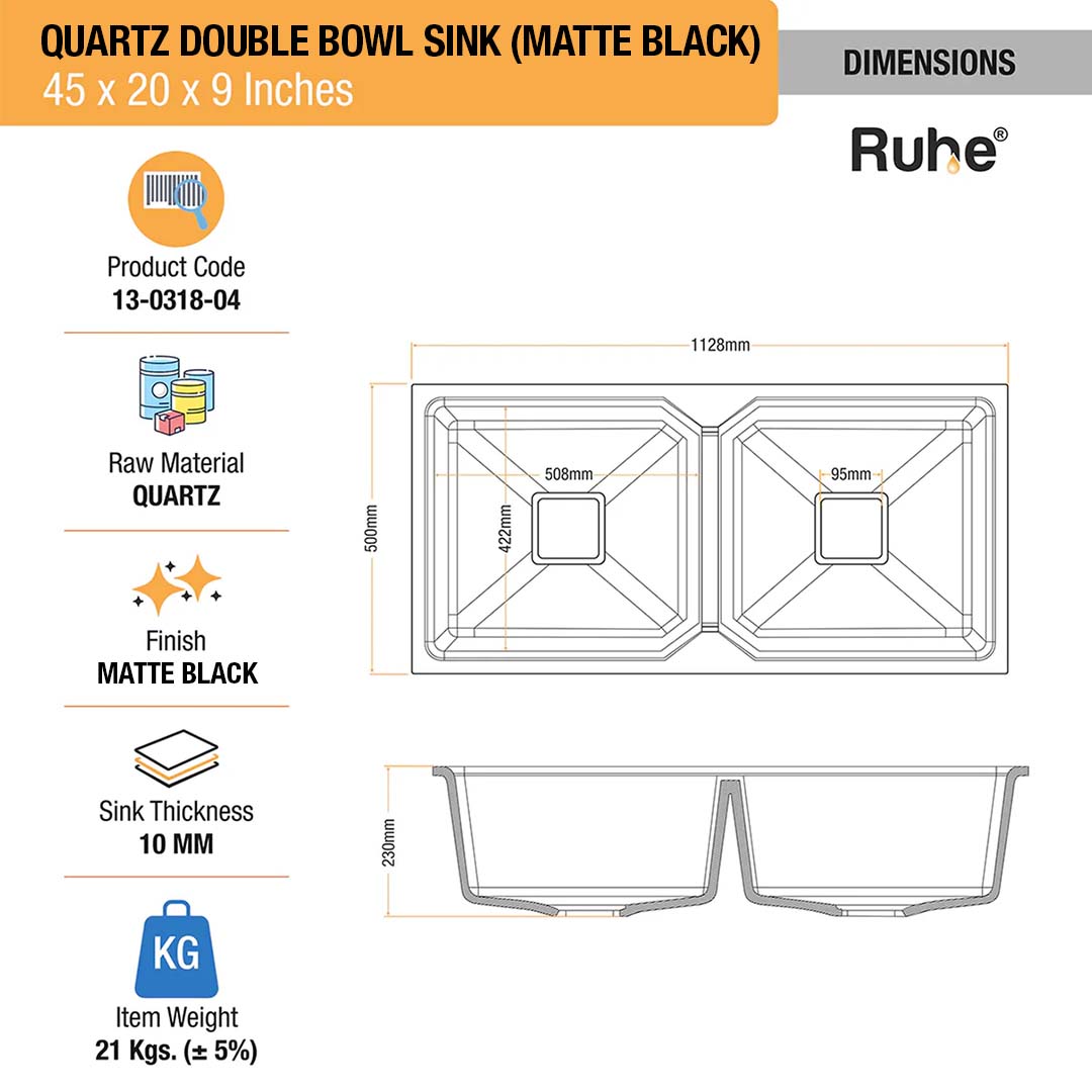 Matte Black Quartz Double Bowl Kitchen Sink (45 x 20 x 9 inches) - by Ruhe