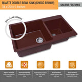 Choco Brown Quartz Double Bowl Kitchen Sink  (34 x 20 x 9 inches) - by Ruhe