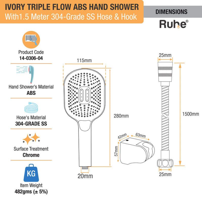 Ivory Multiflow Hand Shower with 304-grade SS Hose & Hook