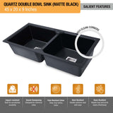 Matte Black Quartz Double Bowl Kitchen Sink (45 x 20 x 9 inches) - by Ruhe