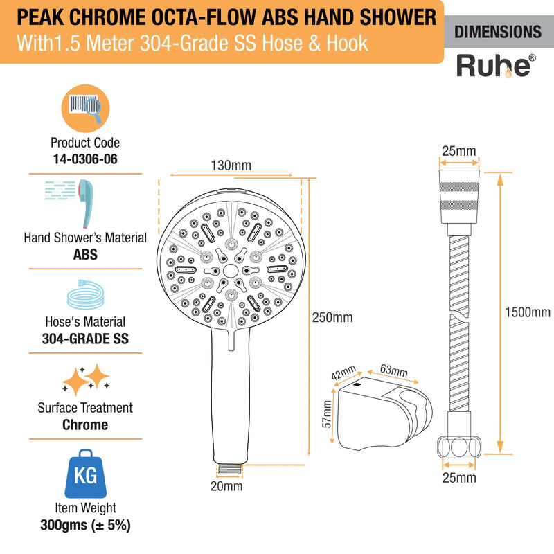 Peak Multiflow Hand Shower with 304-grade SS Hose & Hook