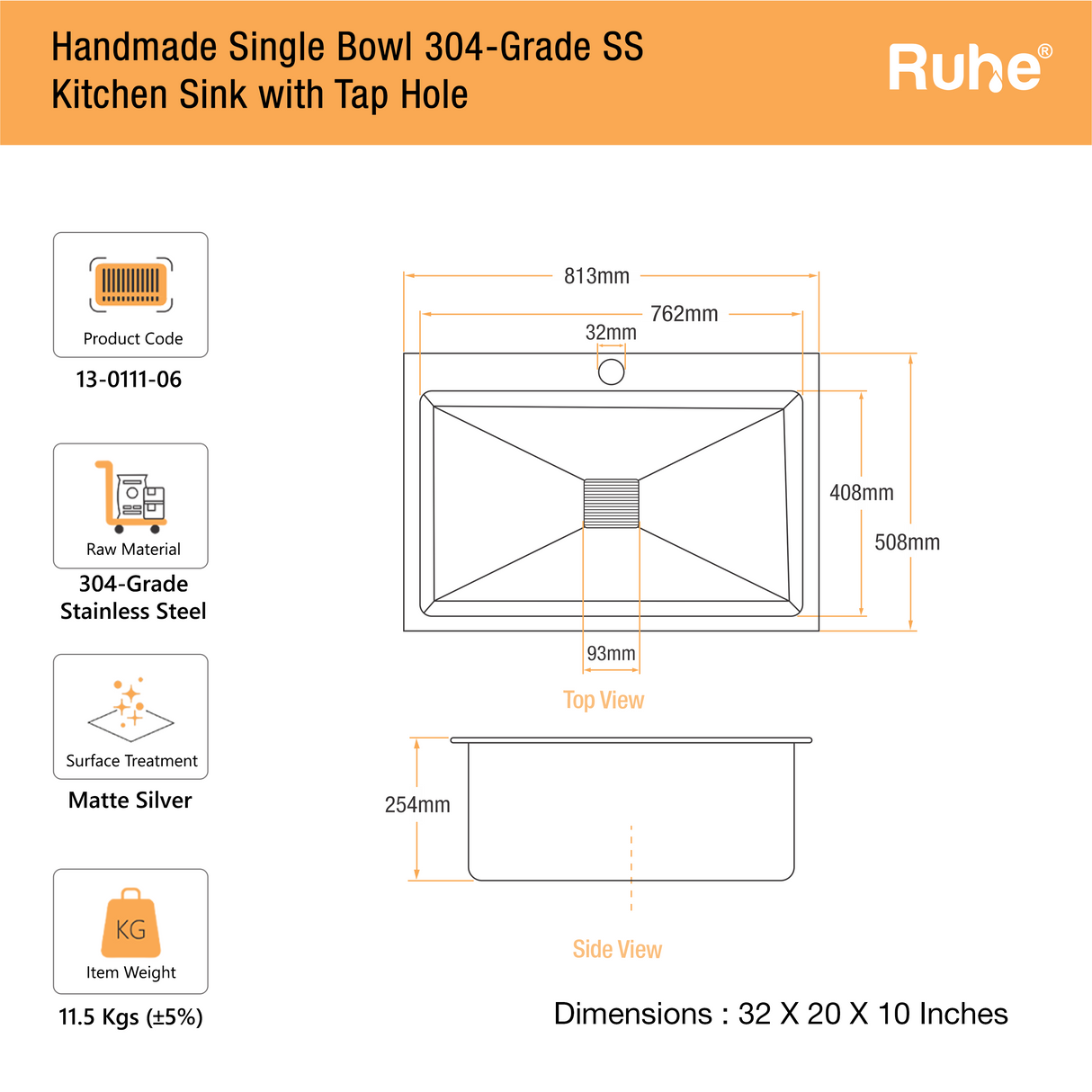 Handmade Single Bowl with Tap Hole Kitchen Sink (32 x 20 x 10 Inches)