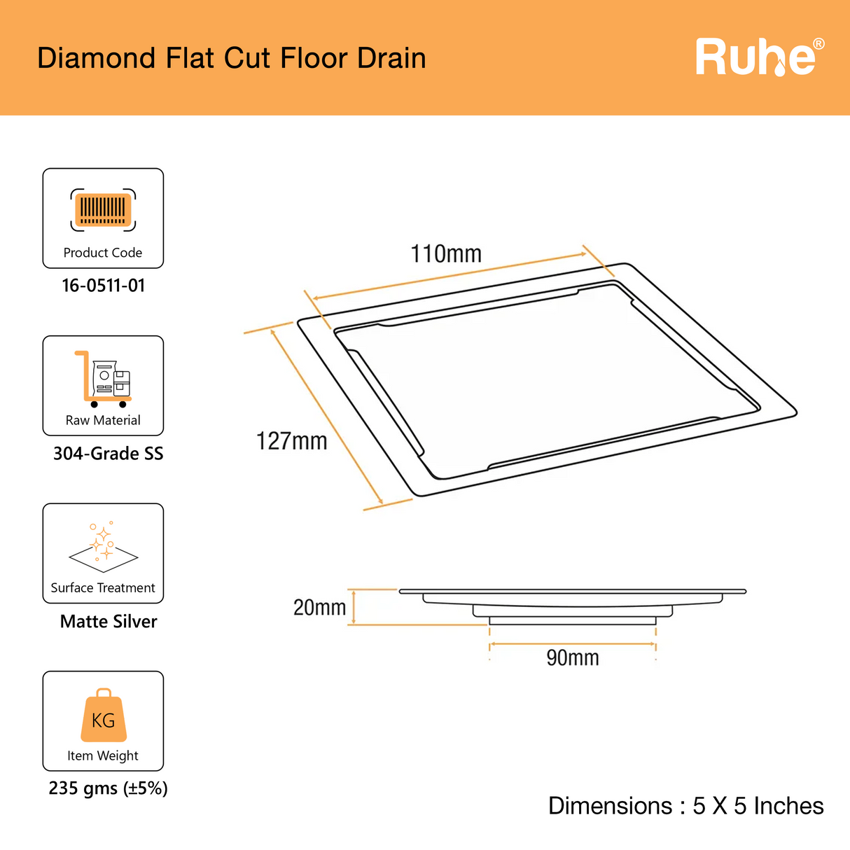 Diamond Square Flat Cut 304-Grade Floor Drain (5 x 5 Inches) - by Ruhe