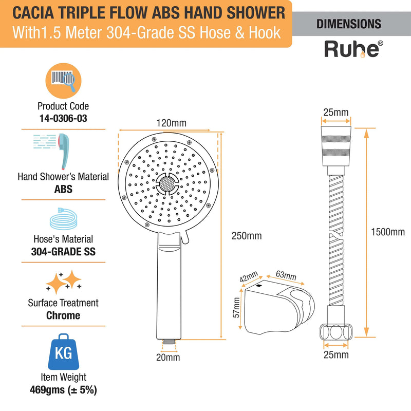 Cacia Multiflow Hand Shower with 304-grade SS Hose & Hook