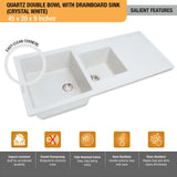 Crystal White Quartz Double Bowl with Drainboard  Kitchen Sink (45 x 20 x 9 inches) - by Ruhe