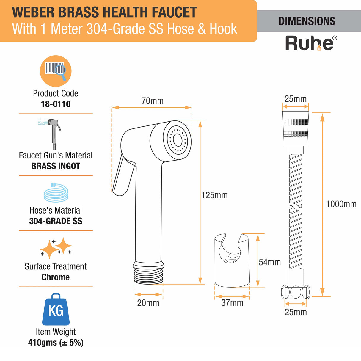 Weber Brass Health Faucet with  1 Meter 304-Grade SS Hose & Hook