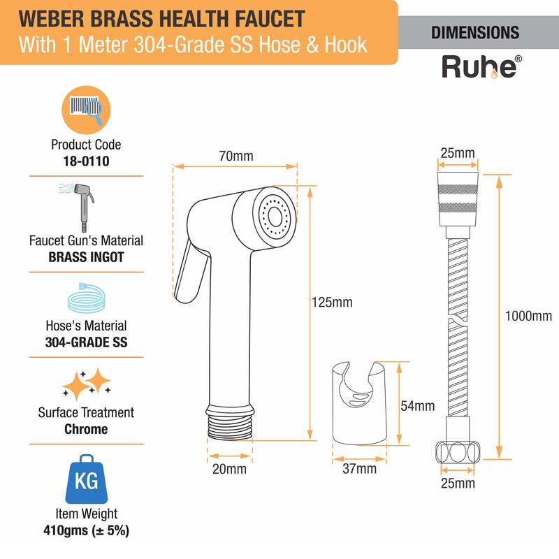 Weber Brass Health Faucet with 304-Grade SS Hose & Hook