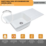 Crystal White Quartz Single Bowl with Drainboard  Kitchen Sink (39 x 20 x 9 inches) - by Ruhe