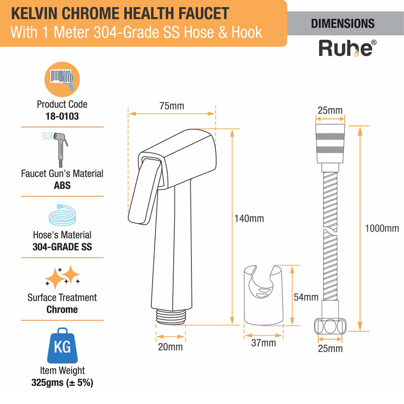 Kelvin Chrome Health Faucet with 304-Grade SS Hose & Hook