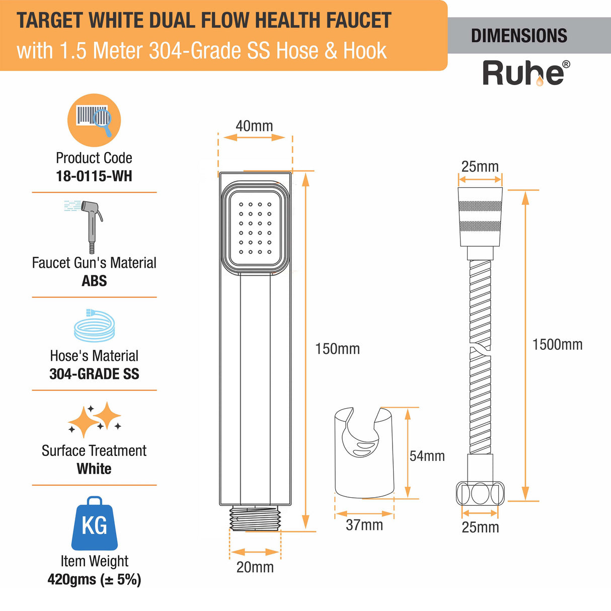 Target White Health Faucet with Dual Flow and 1.5 Meter 304-Grade SS Hose & Hook