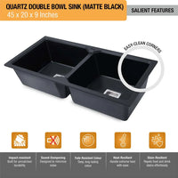 Quartz Double Bowl Kitchen Sink (45 x 20 x 9 Inches) – Matt Black