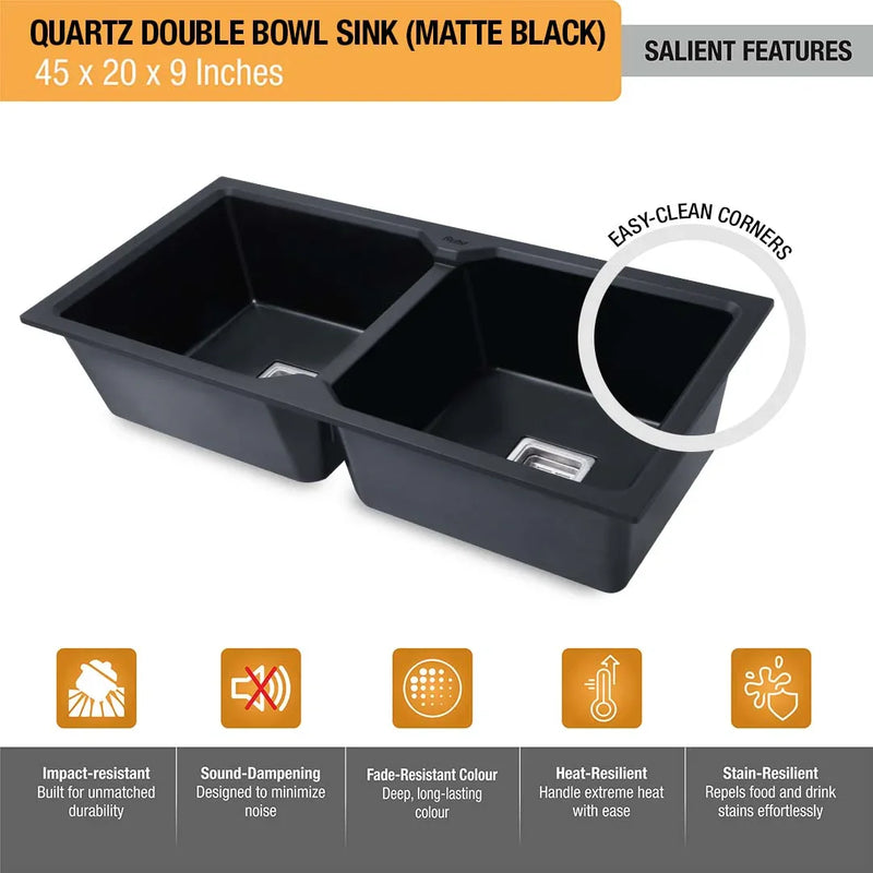 Quartz Double Bowl Kitchen Sink (45 x 20 x 9 inches)