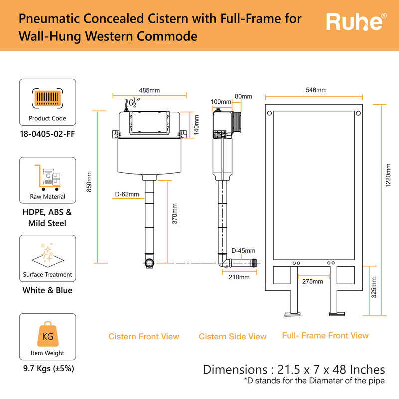 Pneumatic Concealed Cistern for Western Commode with Full Frame