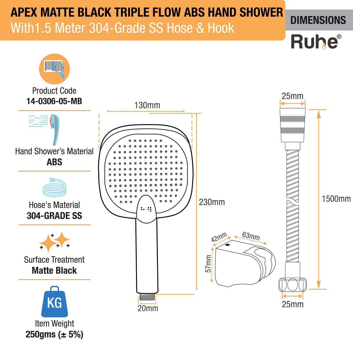 Apex Multiflow Hand Shower with 304-grade SS Hose & Hook