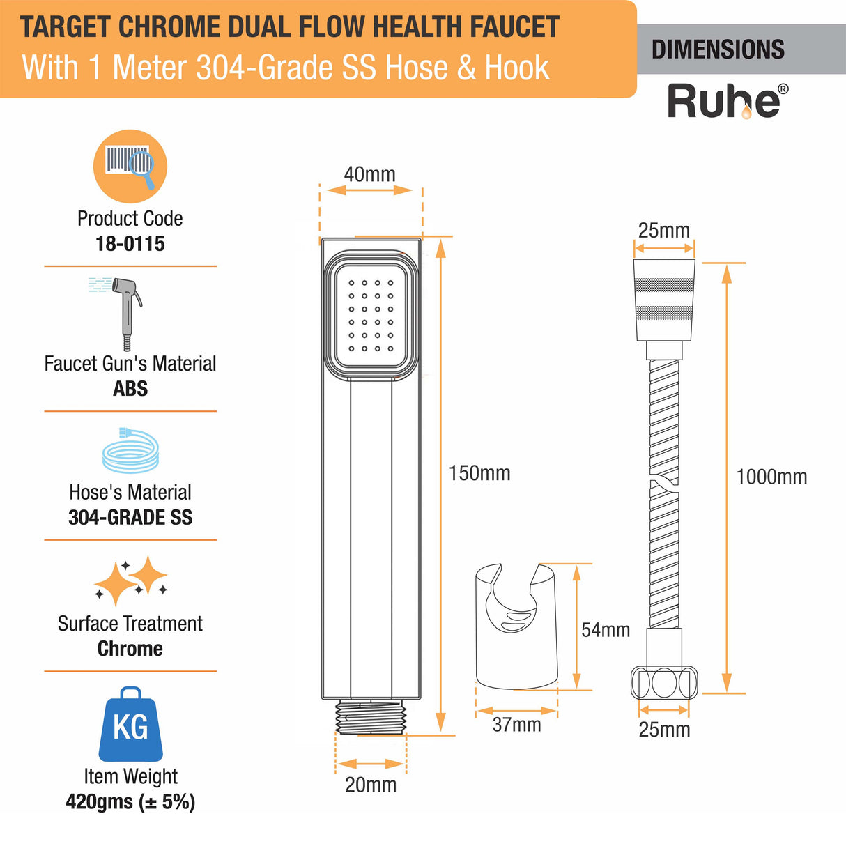 Target Chrome Health Faucet with Dual Flow and 1 Meter 304-Grade SS Hose & Hook