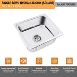 Square Single Bowl Kitchen Sink (16 x 14 x 6 inches)– by Ruhe