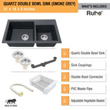 Smoke Grey Quartz Double Bowl Kitchen Sink (31 x 18 x 9 inches) - by Ruhe