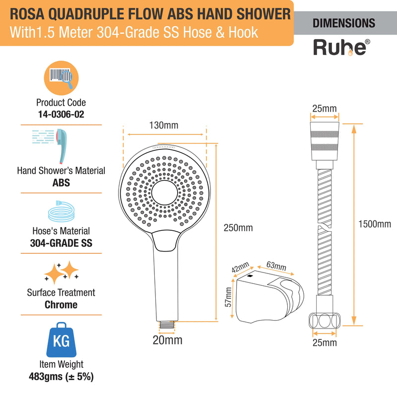 Rosa Multiflow Hand Shower with 304-grade SS Hose & Hook