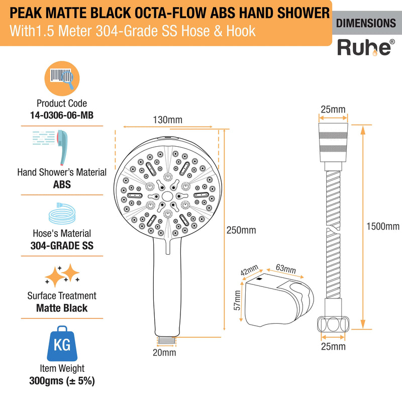 Peak Multiflow Hand Shower with 304-grade SS Hose & Hook